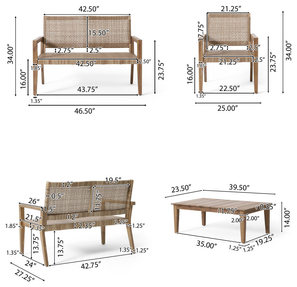 Elmcrest Outdoor Wicker and Acacia Wood 4 Seater Chat Set