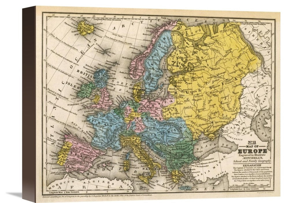 "Map of Europe, 1839" Canvas Giclee by Samuel Augustus Mitchell, 16"x12"