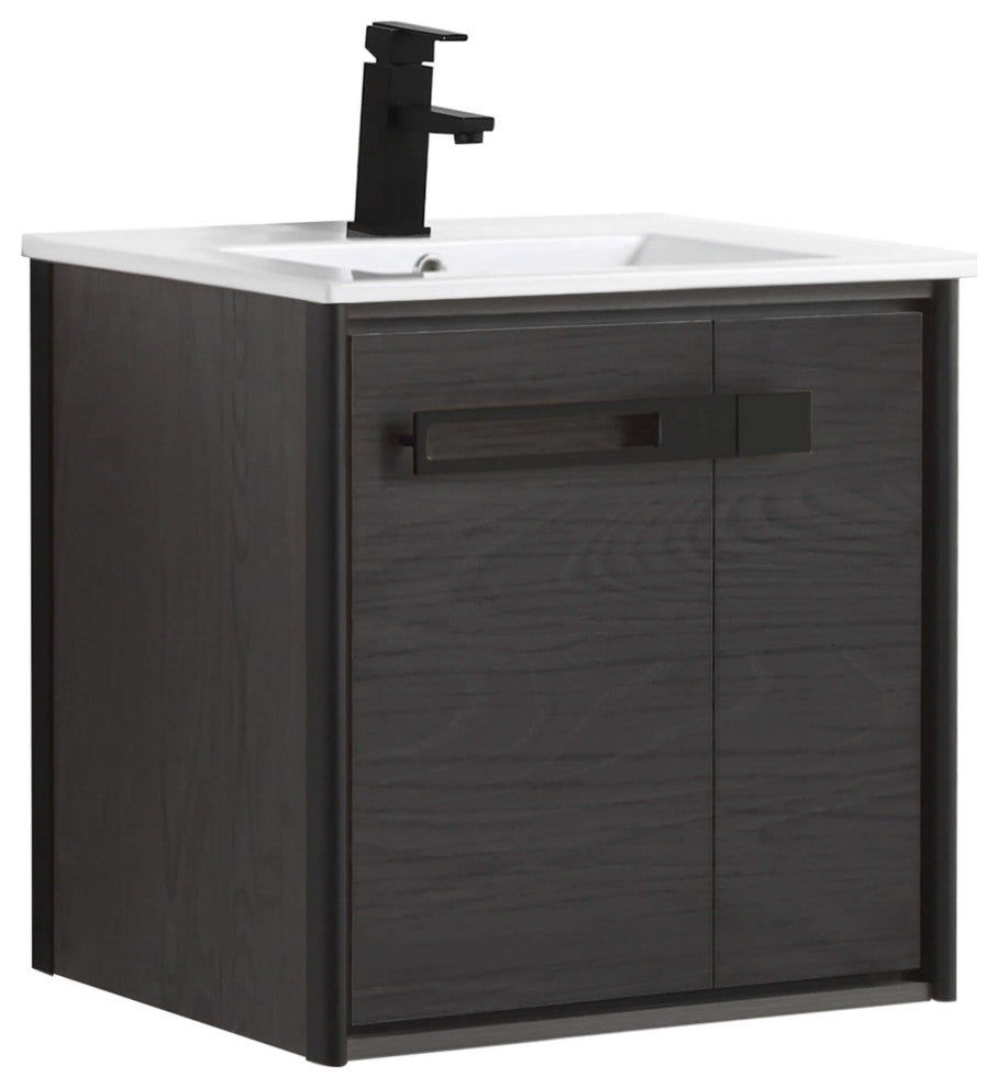 Oakville Wall Mount Bathroom Vanity, Black Coal Oak, 24", Black Hardware