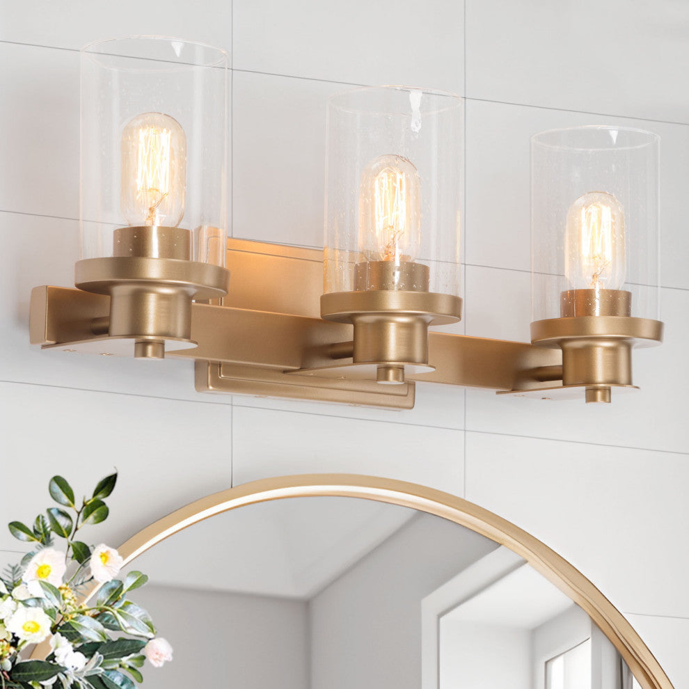 LNC 3-Light Gold Modern Bathroom Vanity Light, Seeded Glass
