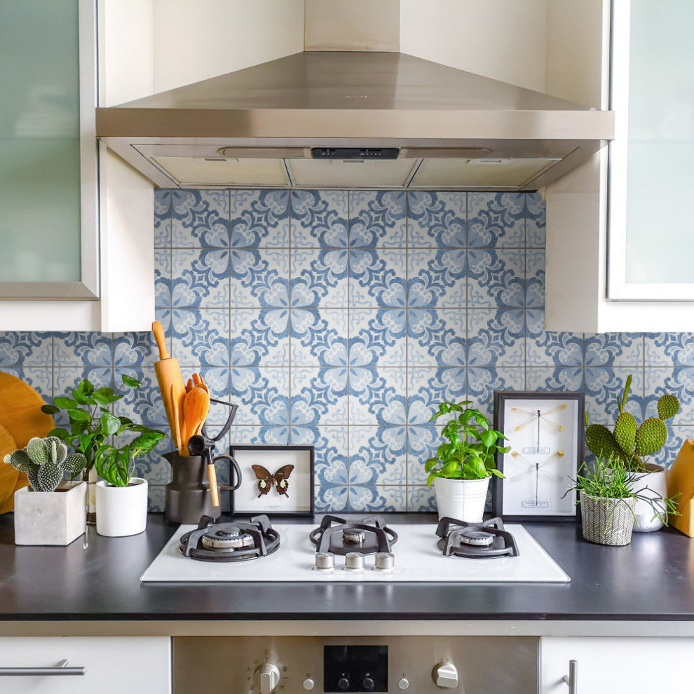 Harmonia Classic Ceramic Floor and Wall Tile, Floral Lattice Blue