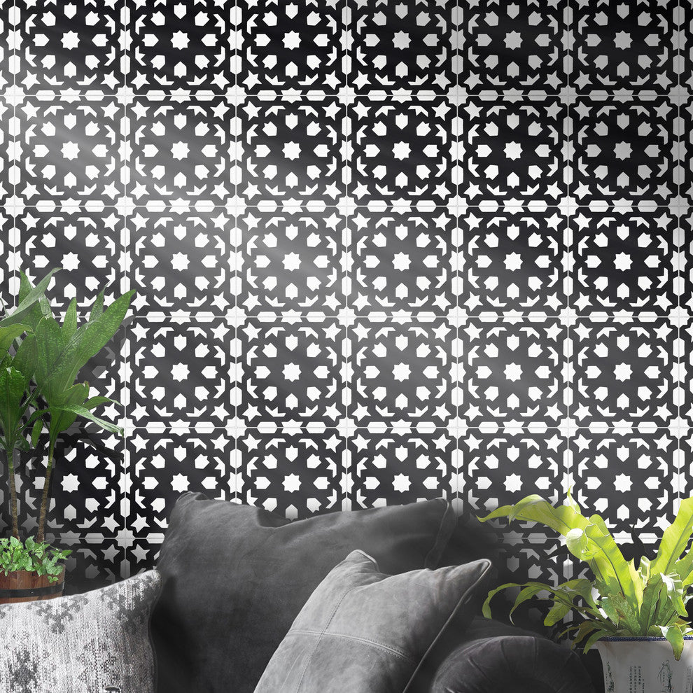 8"x8" Fes Handmade Cement Tile, Black /White, Set of 12