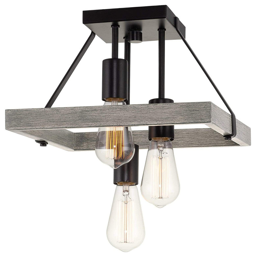 3 Light Rust Semi Flush Ceiling Light, Vintage, Wood, Black