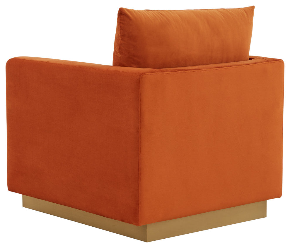 LeisureMod Nervo Modern Velvet Accent Arm Chair With Gold Base, Orange Marmalade