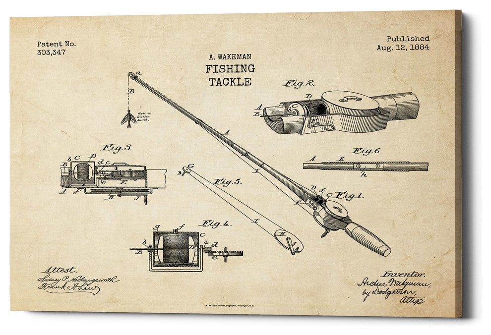 Epic Graffiti "Fishing Tackle Blueprint Patent Parchment" Giclee Canvas, 12"x18"