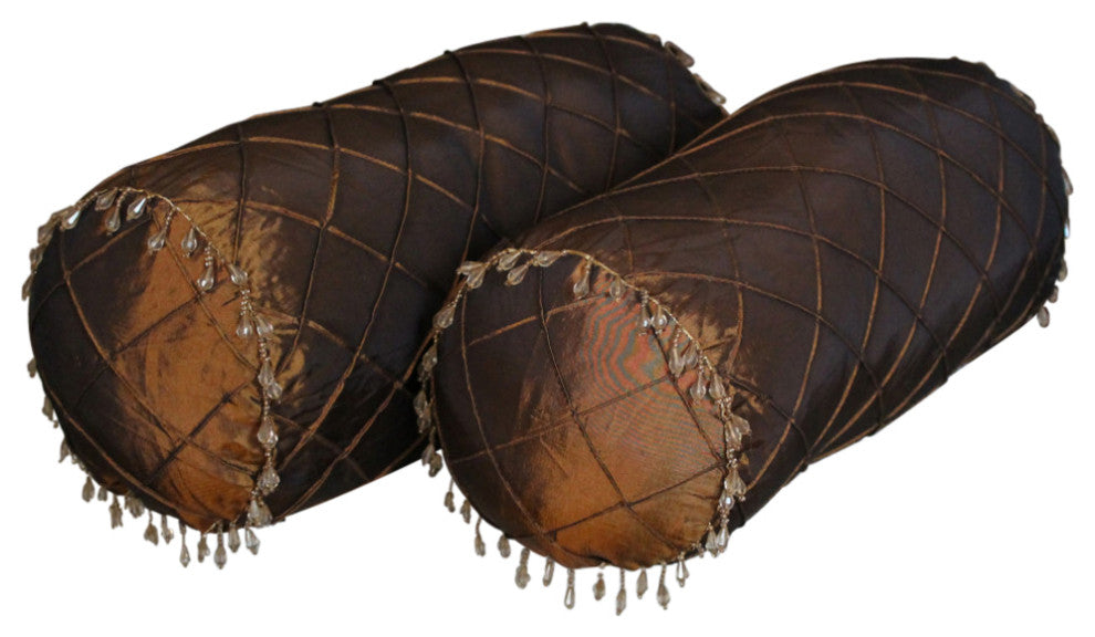 20" Beaded Satin Sheen Polyester Bolster Pillows, Set of 2, Bronze