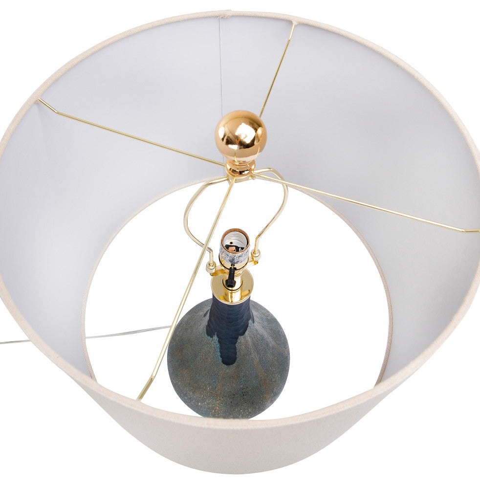 Sculptural Glass Table Lamp with Linen Shade, Set of 2, Blue Opal Glaze
