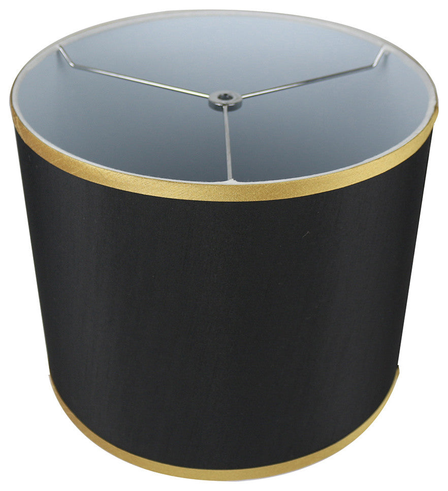 Black with Gold Trim Faux Silk Classic Drum Lampshade, 12"x12"x12"