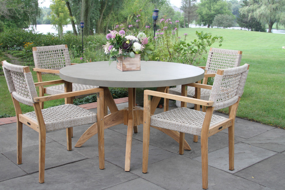 4 Person Round Teak and Composite Dining Table With Stacking Rope Chairs