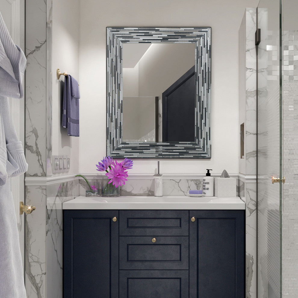 Frameless Glass Reeded Simulated Tile Printed Wall Mirror, Black