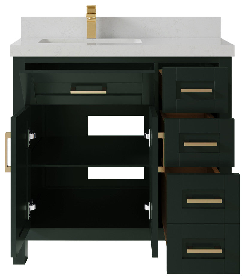 Cambridge 36 Left Offset Bath Vanity in Dark Forest Green 2" Carrara Quartz