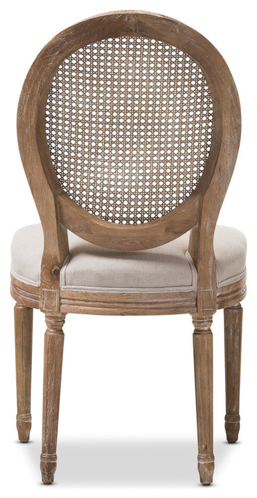 Adelia French Cottage Weathered Oak and Beige Dining Side Chair, Round Cane Back