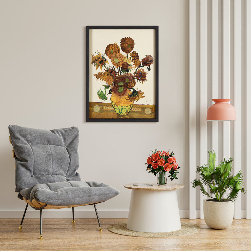 "Sunflower Embrace" Dimensional Collage, Under Glass, A Shadow Box Frame