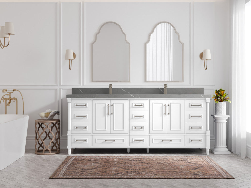 Aberdeen 84 Double Sink Bath Vanity in White 2" Piatra Gray
