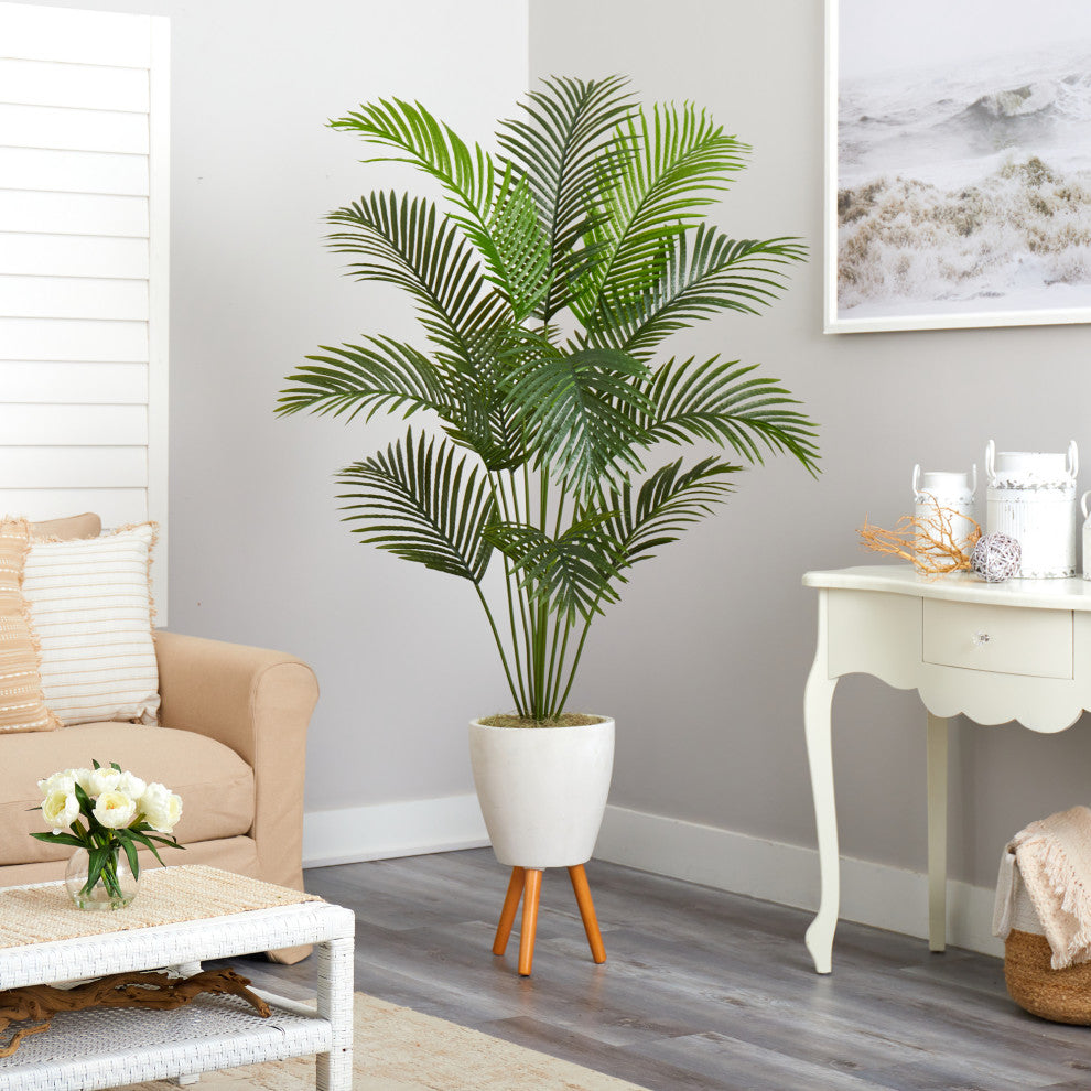 6.5' Golden Cane Artificial Palm Tree, White Planter With Stand