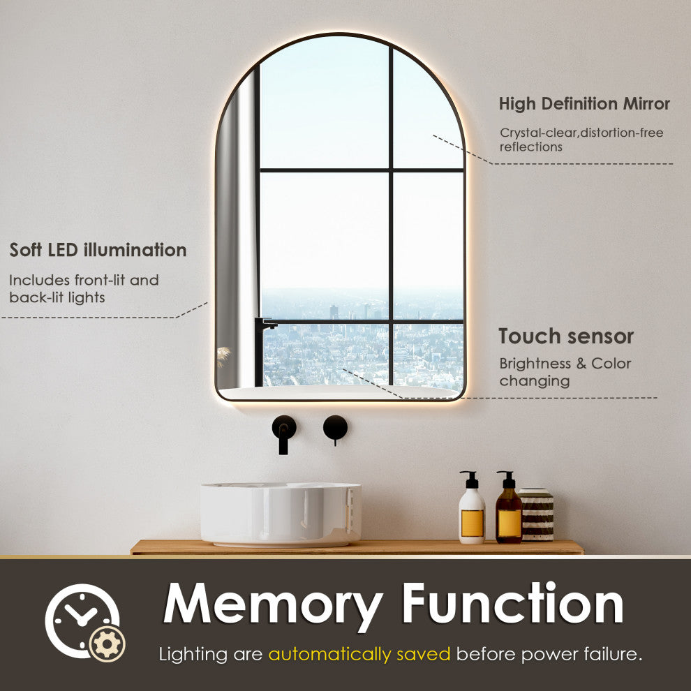 Starlit Domed Bathroom/Vanity LED Wall Mirror, Matte Black, 24"