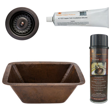 17" Rectangle Copper Prep Sink, 3.5" Drain Opening, Drain & Accessories