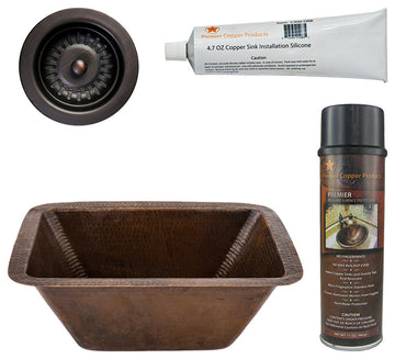 17" Rectangle Copper Prep Sink, 3.5" Drain Opening, Drain & Accessories