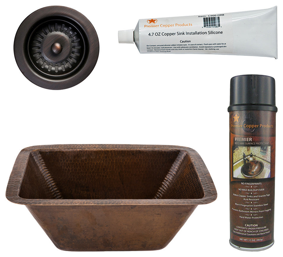 17" Rectangle Copper Prep Sink, 3.5" Drain Opening, Drain & Accessories