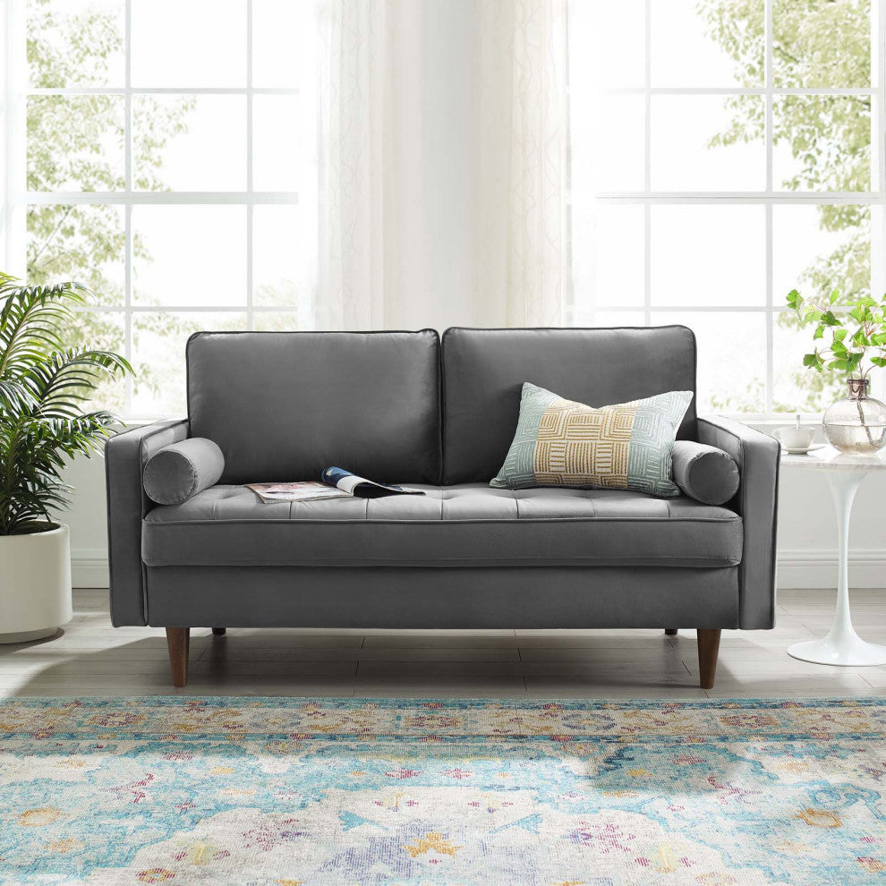 Loveseat Sofa, Velvet, Gray, Modern, Living Lounge Hotel Lobby Hospitality