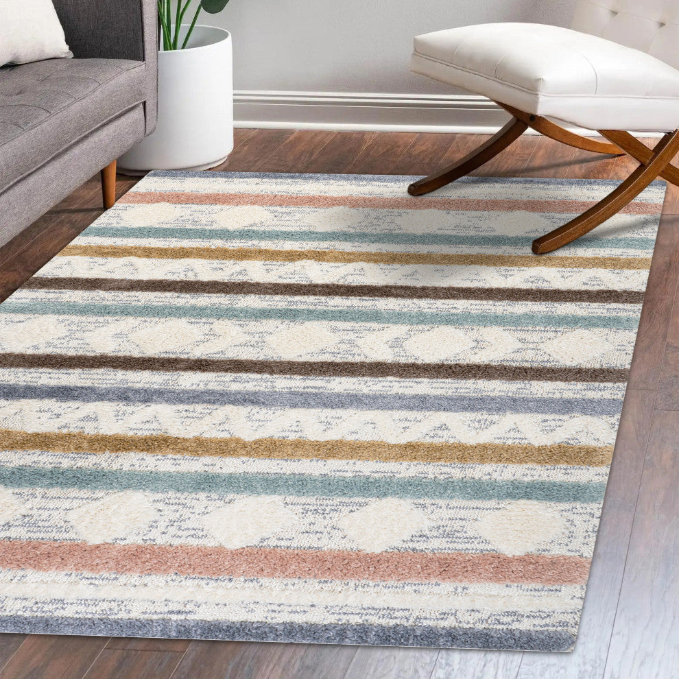 Faiza Moroccan Striped Geometric High-Low Runner Rug, 5 X 8