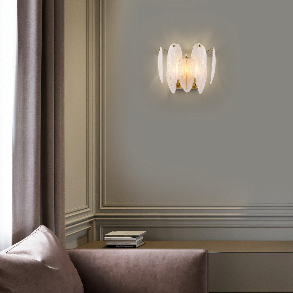 Cervine 2-Light Brushed Shiny Brass Feather-shaped Glass Wall Sconce