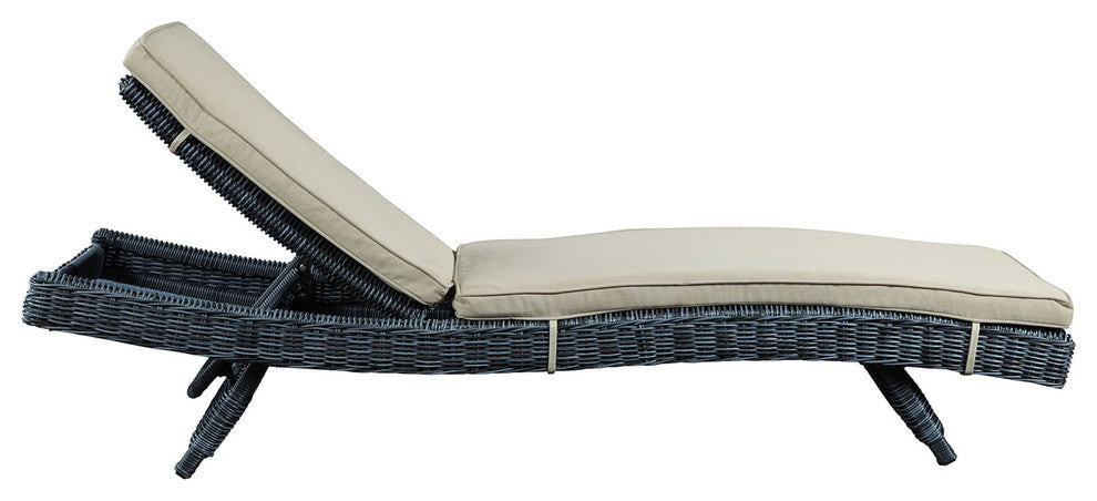 Modern Contemporary Outdoor Patio Chaise Lounge, Beige, Fabric, Synthetic Rattan
