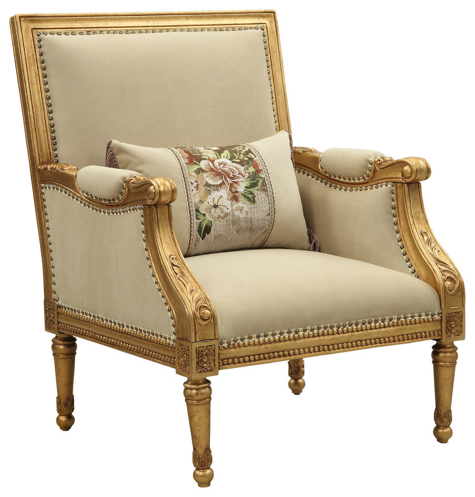 ACME Daesha Accent Chair and Pillow, Fabric and Antique Gold