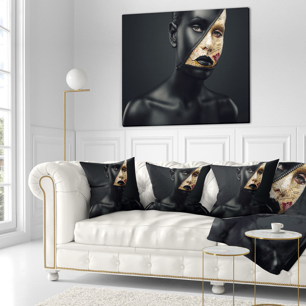 Woman with a Zip on Face Portrait Throw Pillow, 16"x16"