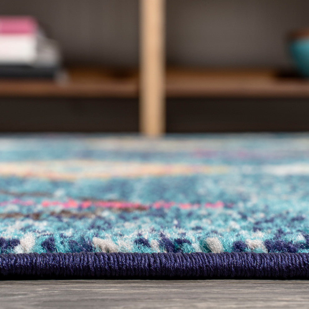 Tribal Love Geometric Area Rug, Dark Blue/Multi, 2 X 8