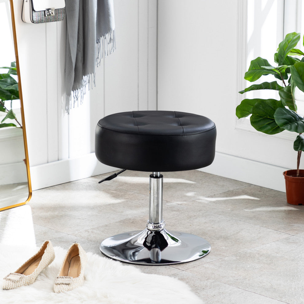 Round Swivel Faux Leather Vanity Stool, Black, Standard