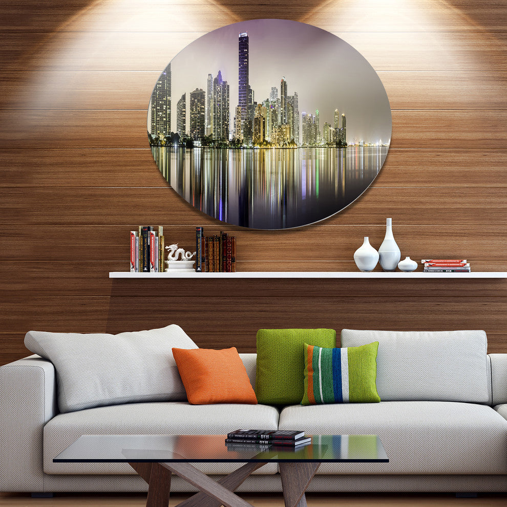Miami Downtown Night Panorama, Cityscape Wall Round Wall Art, 23"
