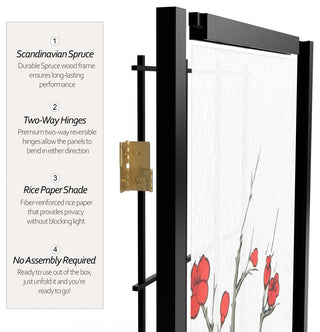 7' Tall Cherry Blossom Shoji Screen, Black, 6 Panels