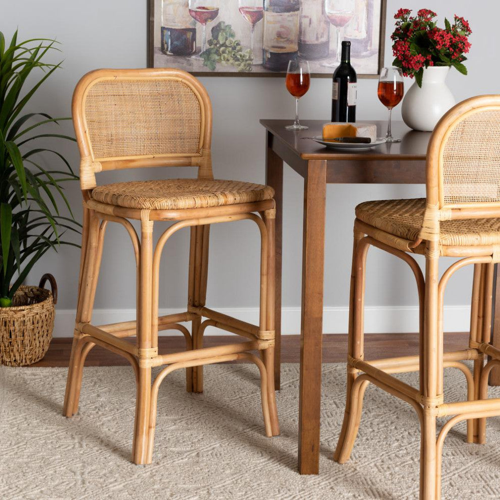 Adrena Modern Bohemian Natural Brown Rattan Bar Stool