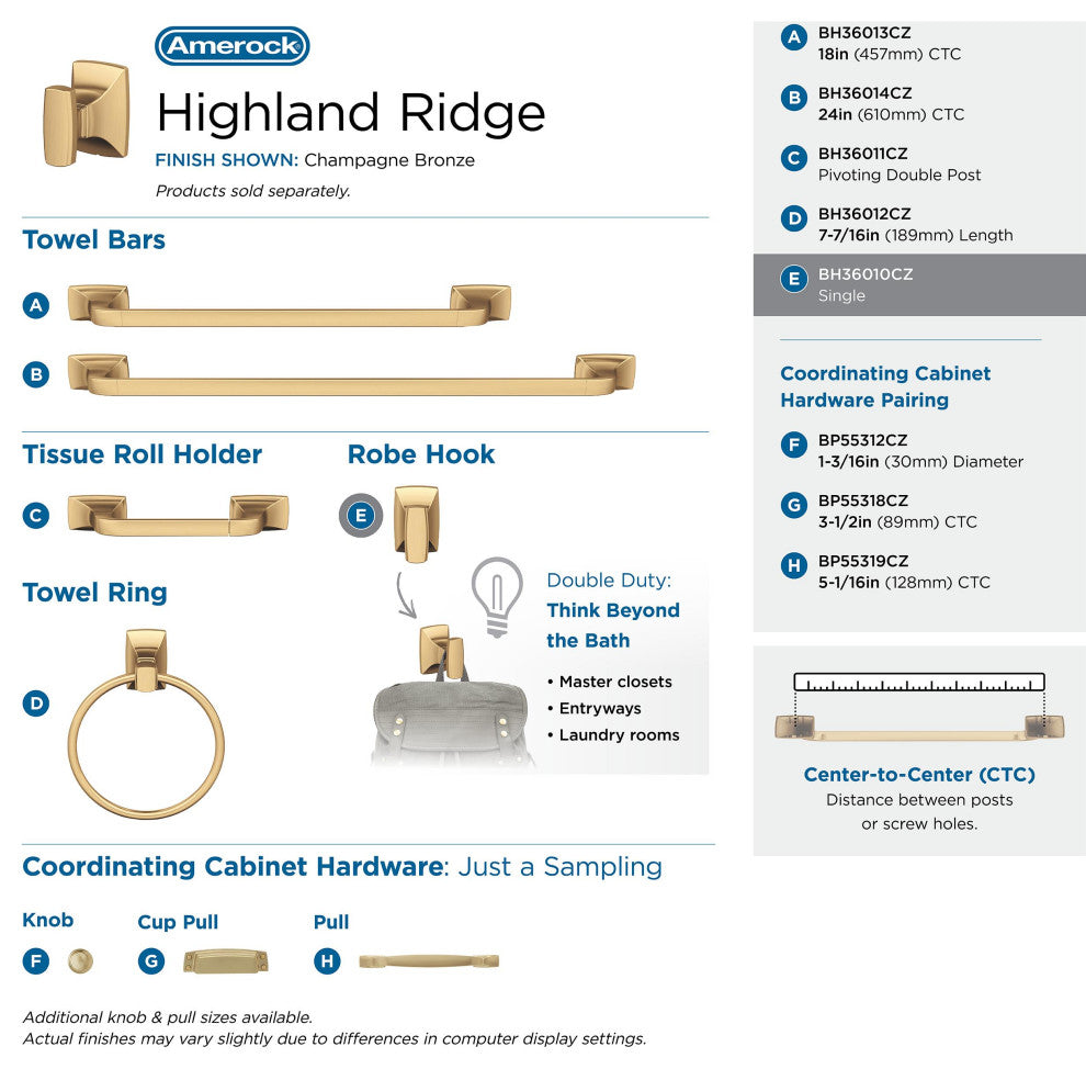 Highland Ridge Transitional Single Robe Hook, Champagne Bronze