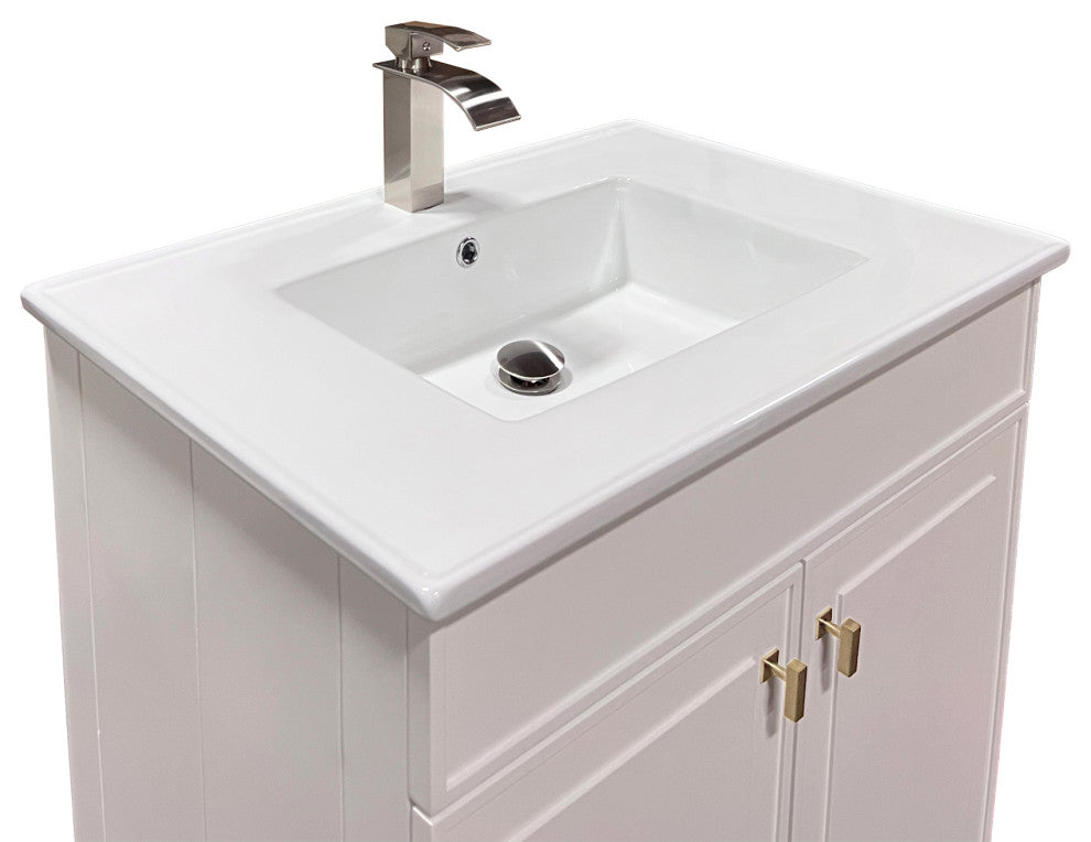 SmartFold 31" Single Sink Vanity, White With White Ceramic Top, Brushed Gold