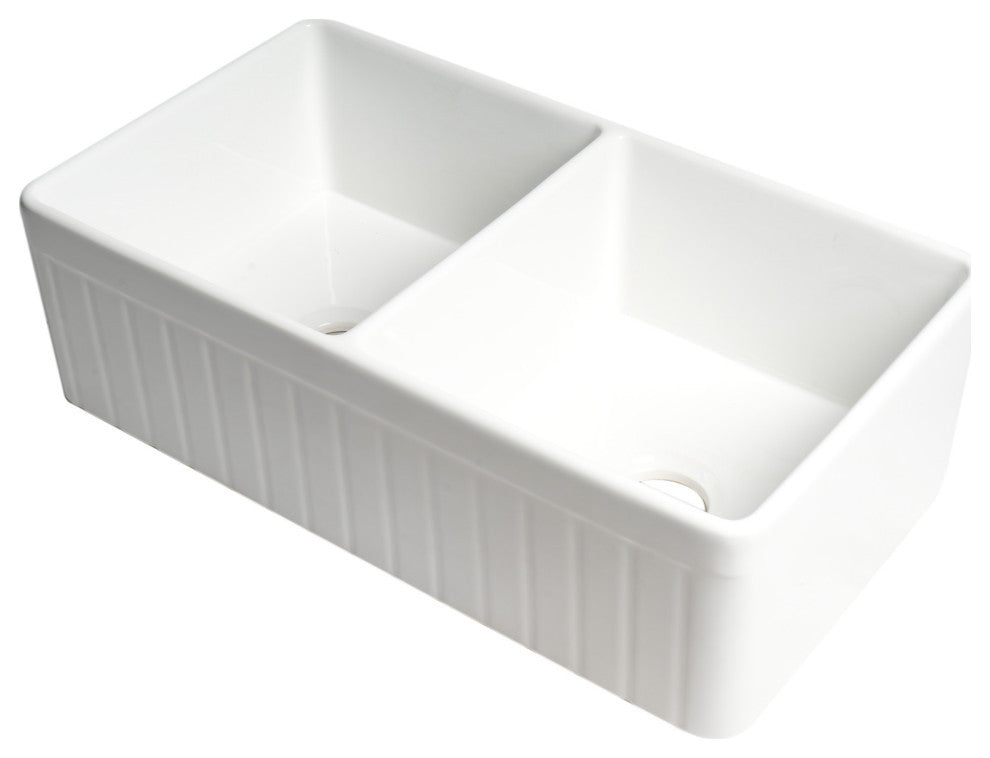Smooth Apron Fireclay Farm Sink, White, 33"x18", Double Bowl