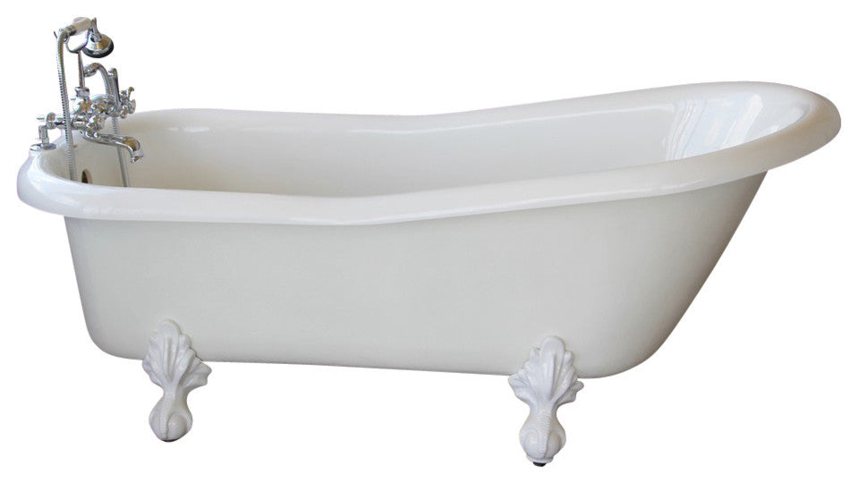 Ambassador White Slipper Clawfoot Tub With White Feet, No Drilled Faucet Hole