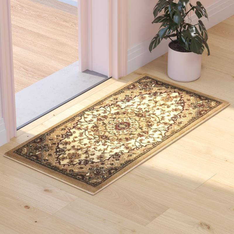 Mersin Collection Persian Style Area Rug - Olefin Rug with Jute Backing, Ivory - 2'' X 3''