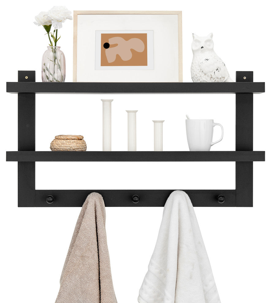 Danya B 2-Tier Ledge Wall Shelf Organizer with Five Hanging Coat or Towel Hooks, Black