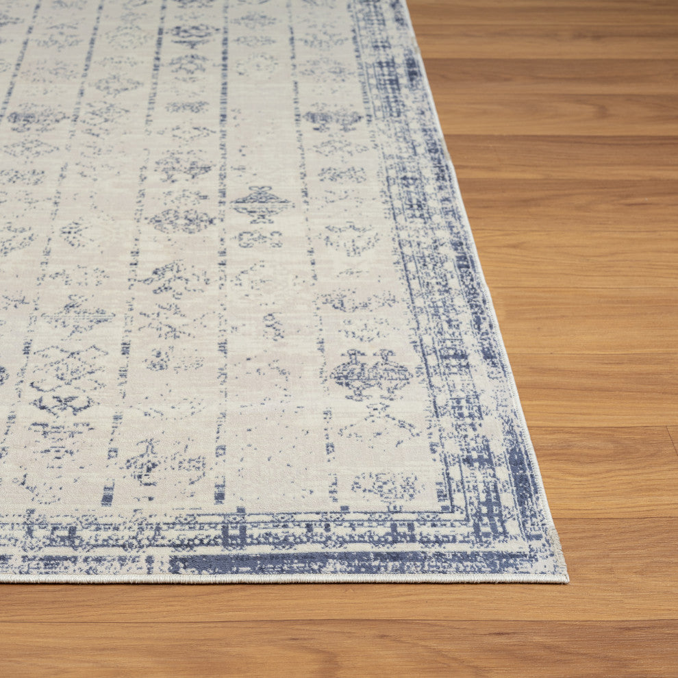 Ayla Blue/Gray Transitional Tribal Waterproof Area Rug, 2' X 5'