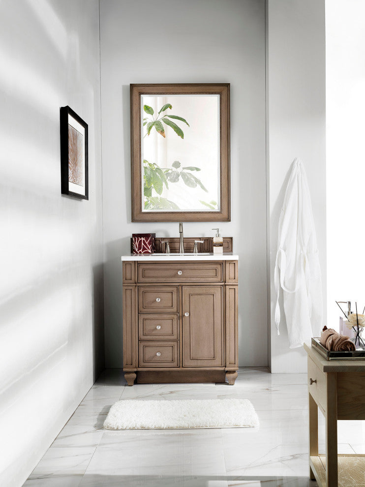 Bristol 30" Single Vanity Whitewashed Walnut, White Zeus Quartz
