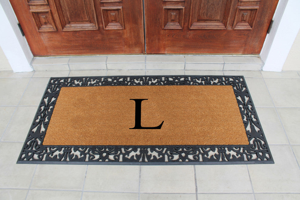 A1HC Rubber and Coir Paisley Border Durable Monogram Doormat 30"x60", Black, L