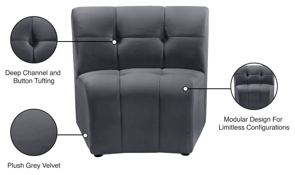 Limitless Velvet Upholstered 1-Piece Modular Chair, Gray