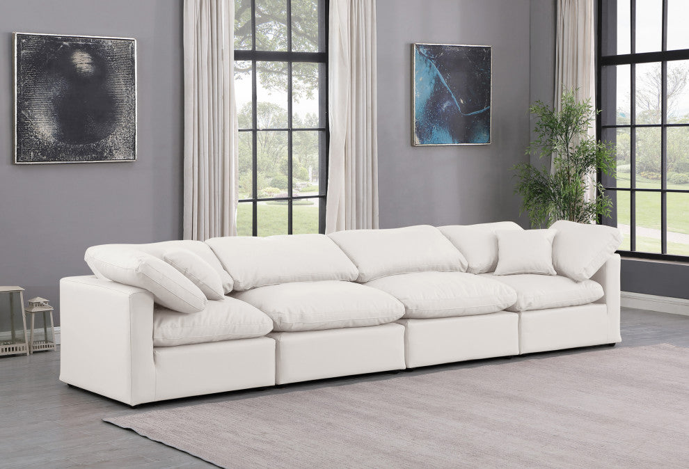Indulge Upholstered Modular Sofa, Cream, 4-Piece: 2 Armless Chair, 2 Corner Chair, Fiber Stuffed Vegan Leather