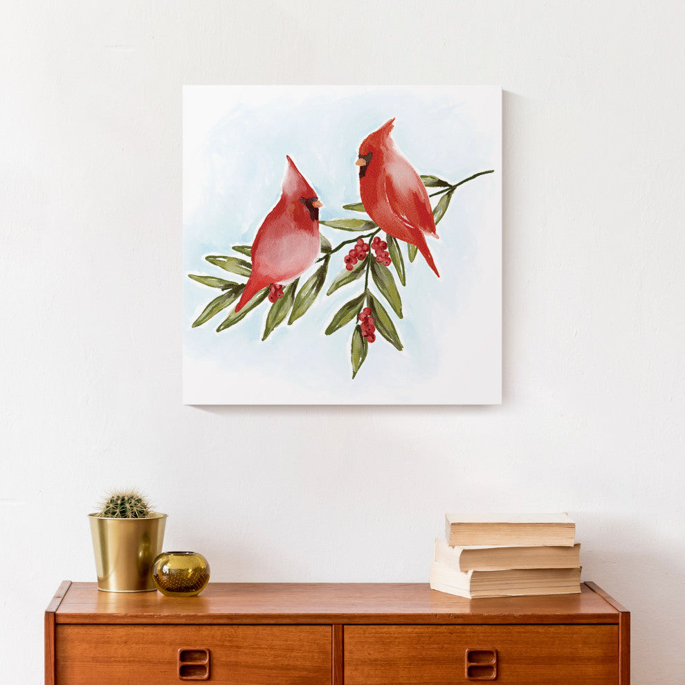 Two Cardinals On Leaves 3 16x16 Canvas Wall Art