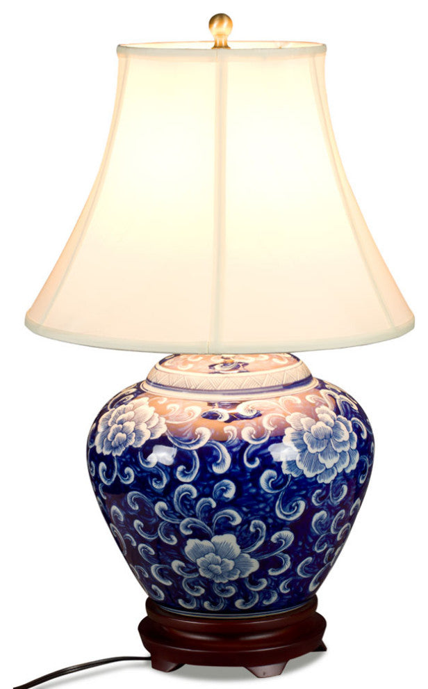 Blue and White Peony Motif Asian Porcelain Lamp