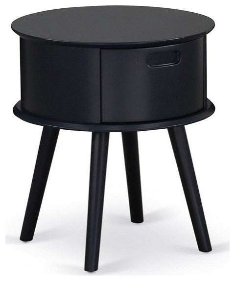 Gordon Round Night Stand End Table With Drawer, Black Finish