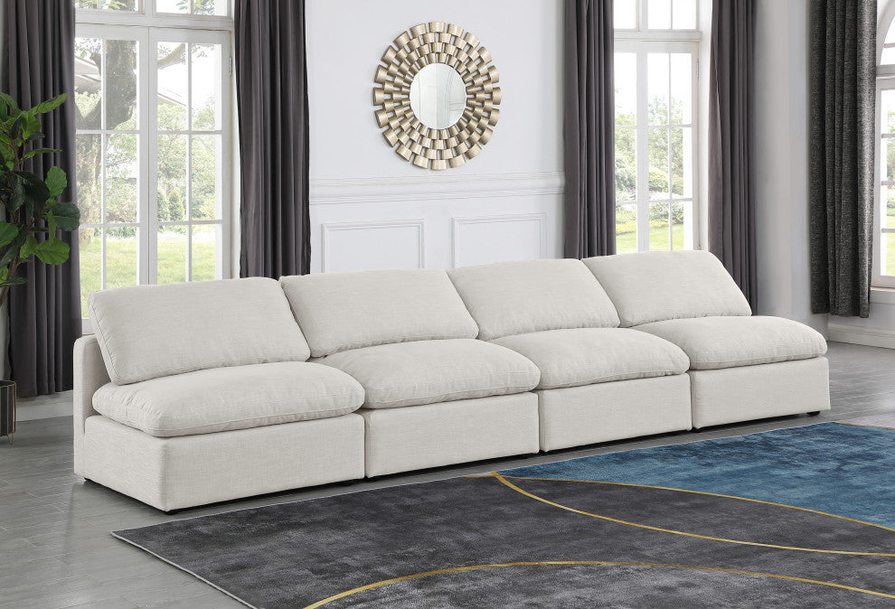 Indulge Upholstered Modular Sofa, Cream, 4-Piece: 4 Armless Chair, Down Stuffed Linen Textured Fabric