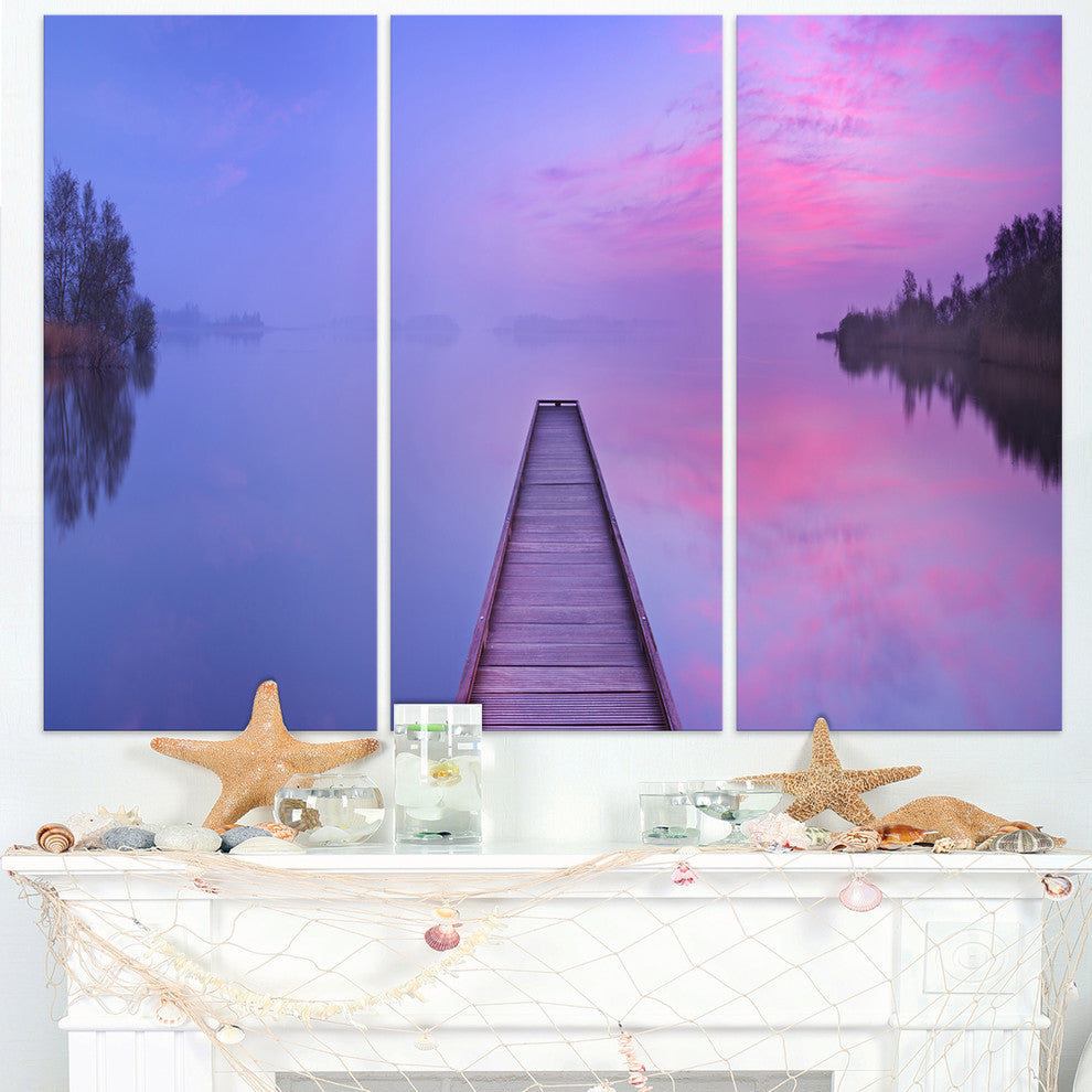 "Jetty in a Dawn Lake" Wooden Sea Bridge Metal Wall Art, 3 Panels, 36"x28"